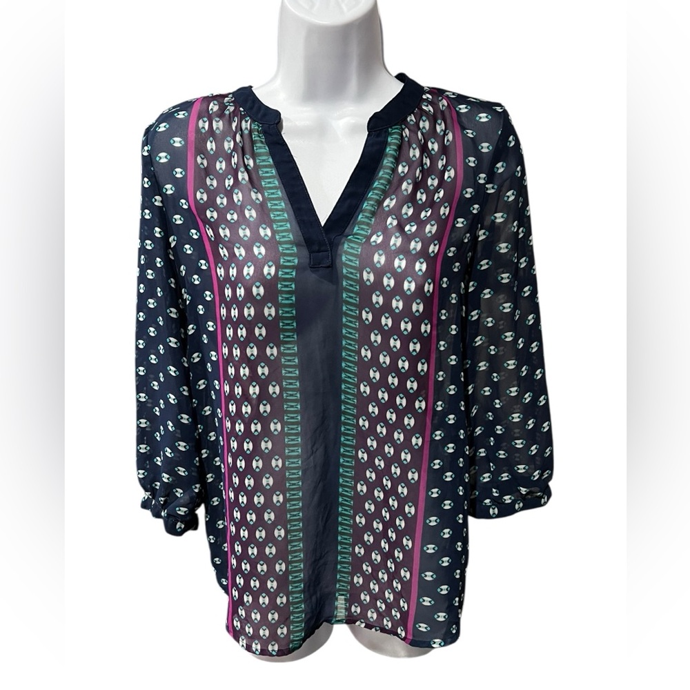 Old Navy Sheer Patterned Blouse | Navy Multi | Size XS